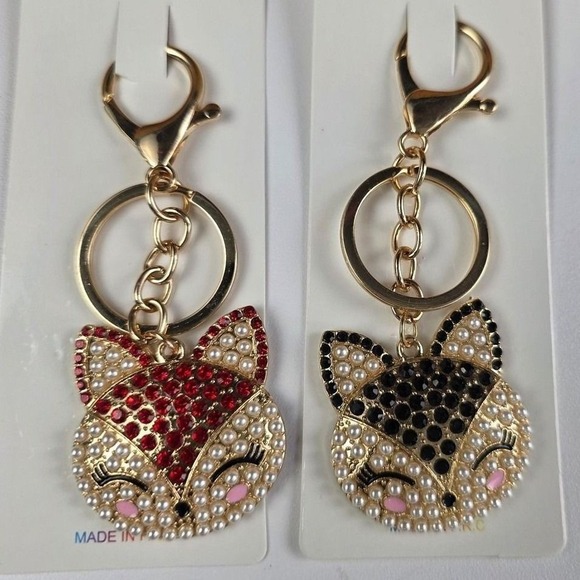 Pastel Collection Accessories - Pastel Collection Fox Bag Charm Key Chain Gold Faux Pearl Red Black Rhinestone